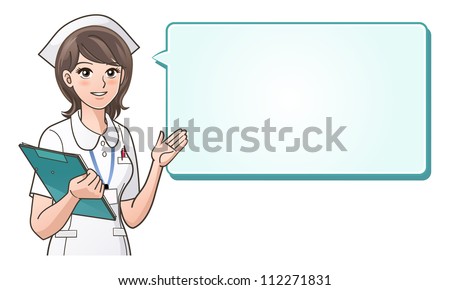 Young cute nurse providing information with a smile on a speech bubble background.Health care, Nurse hat, Cartoon Nurse. isolated on white. Clipping mask is used in the EPS file.