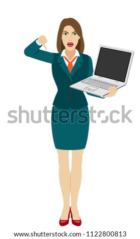 Businesswoman holding a laptop notebook and showing thumb down gesture as rejection symbol. Full length portrait of businesswoman in a flat style. Vector illustration.