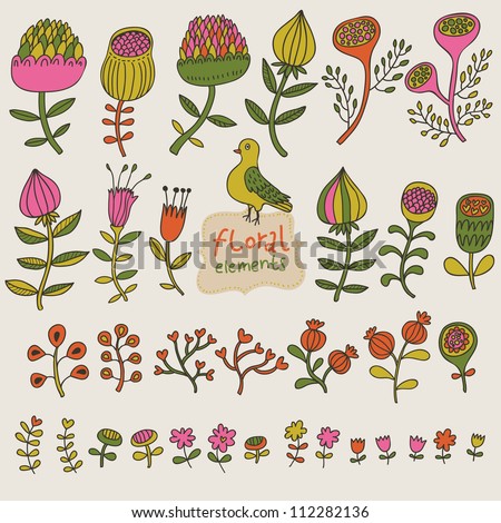 Hand Drawn vintage floral elements with birds. Set of flowers can be used for graphic and web design, decorations, corporate Identity