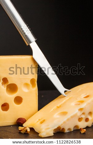 A delicious piece of cheese with cheese knife.