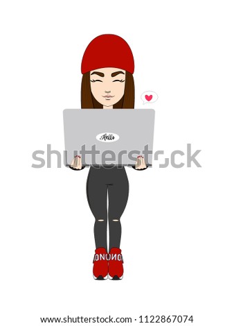 Illustration girl cartoony character with laptop