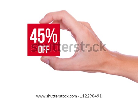45 Percent off symbol handheld isolated on white background