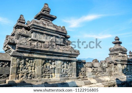 Decorated stone with bas reliefs in the Borobudur temple in Yogyakarta, Java, Indonesia. 