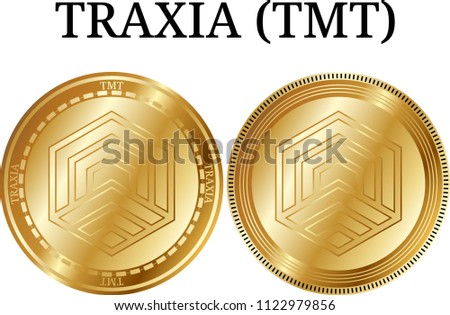 Set of physical golden coin TRAXIA (TMT), digital cryptocurrency.  icon set. Vector illustration isolated on white background.