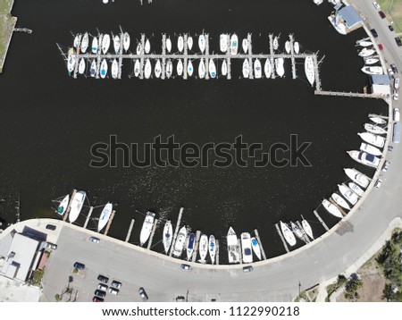 Aerial view of harbor and boats