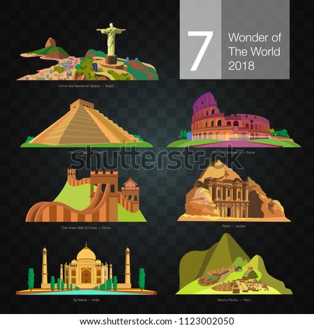 Seven wonders of the world on the dark background. Royalty-Free Stock Photo #1123002050