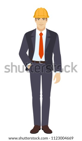 Businessman in construction helmet standing with hand in pocket. Full length portrait of businessman in a flat style. Raster illustration.