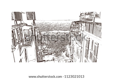 Cinque Terre is a string of centuries-old seaside villages on the rugged Italian Riviera coastline. Hand drawn sketch illustration in vector.