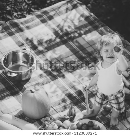 One small cook smiling boy at picnic standing with ladle pot orange pumpkin squash and cucumber showing red tomato with food standing on checkered plaid on natural background sunny day, square picture