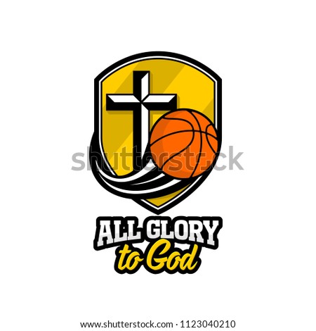 Athletic Christian logo. A golden shield, a cross of Jesus and a flying basketball. Emblem for competition, ministry, conference, camp, seminar, etc.