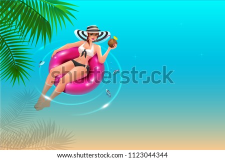 Beautiful young woman in hat floats on circle on blue water and drinks coconut juice. Summer vacation beach holiday. Vector cartoon illustration