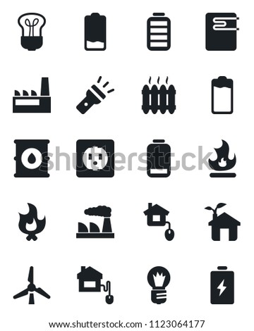 Set of vector isolated black icon - bulb vector, factory, fire, oil barrel, battery, low, torch, windmill, heater, home control, eco house, socket, water