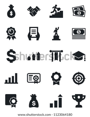 Set of vector isolated black icon - growth statistic vector, dollar sign, pedestal, medal, graduate, money bag, document, cash, sertificate, bar graph, target, handshake, career ladder, arrow up