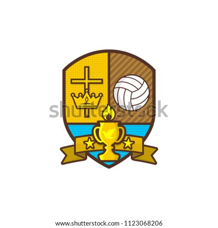Christian sports logo. Shield, goblet, cross of Jesus, crown. Volleyball. Emblem for competition, club, camp, tournament, ministry.