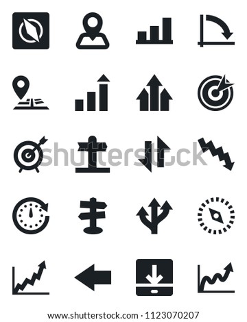 Set of vector isolated black icon - left arrow vector, growth statistic, crisis graph, route, signpost, navigation, data exchange, download, compass, bar, target, up, clock
