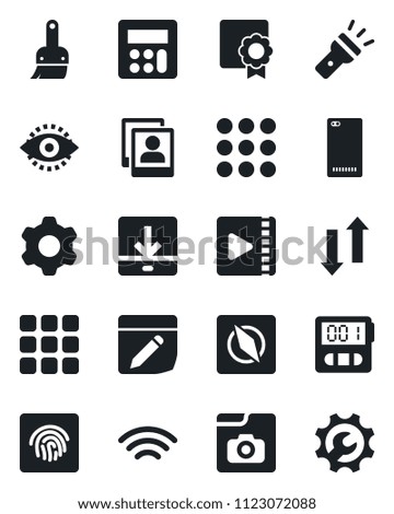 Set of vector isolated black icon - phone back vector, menu, settings, themes, calculator, stopwatch, notes, data exchange, download, wireless, torch, compass, eye id, fingerprint, video, root setup