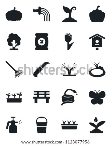 Set of vector isolated black icon - rake vector, tree, bucket, watering, sproute, butterfly, seedling, hose, garden knife, bench, pumpkin, pond, bird house, sprayer, fertilizer, tulip, irrigation