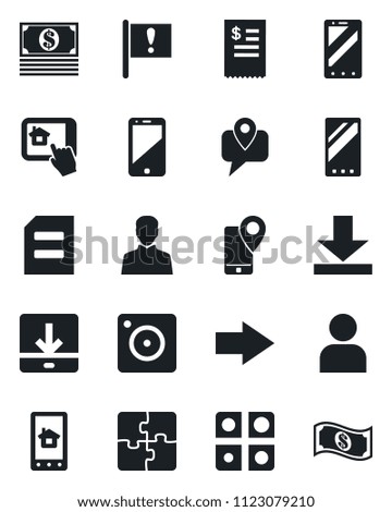Set of vector isolated black icon - right arrow vector, mobile phone, document, important flag, tracking, cell, camera, user, download, application, restaurant receipt, home control app, cash