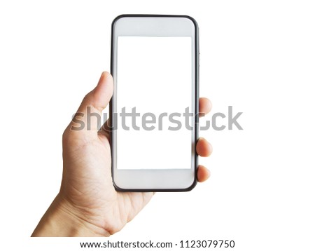 Hand Holding a Smartphone with White Screen isolated on White Background