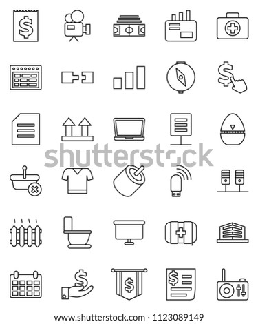 thin line vector icon set - toilet vector, cook timer, schedule, compass, document, investment, presentation board, dollar flag, calendar, cursor, stadium, t shirt, first aid kit, receipt, top sign