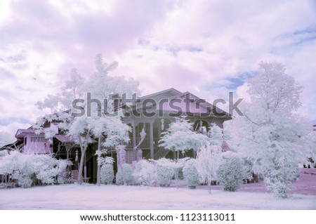 Thai temple with white trees from near infared style by IR mode.Paradise 