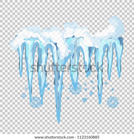 Set of ice caps. Snowdrifts, icicles, elements winter decor. New year decoration kit for website. Isolated snow caps set on menu bar and buttons. Raster Icicles and snowflakes