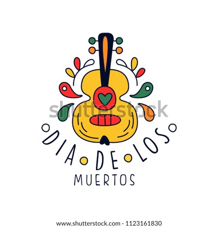 Dia De Los Muertos logo, traditional Mexican Day of the Dead design element with guitar, holiday party banner, poster, greeting card or invitation hand drawn vector Illustration