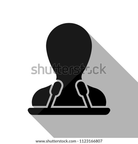 Speaker icon. Person silhouette and microphones on tribune. Black object with long shadow on white background