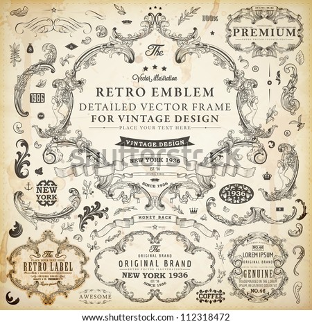 Vector set of calligraphic design elements: page decoration, Premium Quality and Satisfaction Guarantee Label, antique and baroque frames and floral ornaments | Old paper texture with grunge frames.