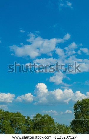 Rural landscape, green trees, blue sky and white clouds