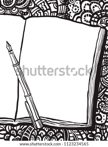 Coloring page with notebook, pen and doodle background. Hand drawn illustration with place for drawing or text
