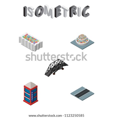 Isometric city set of plants, telephone booth, flower decoration and other vector objects. Also includes plants, decoration, bridge elements.