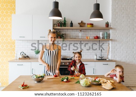 Photo of beautiful woman with her daughter cutting vegetables in kitchen