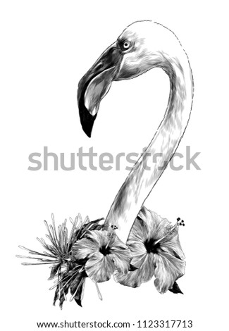 bird head Flamingo with long neck sideways in profile with a wreath of tropical flowers in the form of decoration, sketch vector graphics monochrome illustration on white background