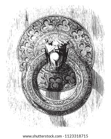 Ring of iron cisele has one of the internal doors of the cathedral of Bourges, Fourth century, vintage engraved illustration. Magasin Pittoresque 1855.
