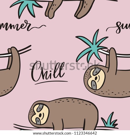 Cool cartoon summer print with sloth. Seamless Pattern