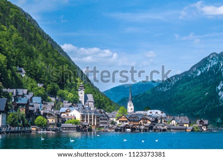 Views of the lake and Hallstatter and Hallstatt Lutheran Church in  Austria, region of Salzkammergut, Europe