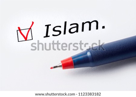 The word Islam is printed on a white background. Check mark in red, marked in the square.