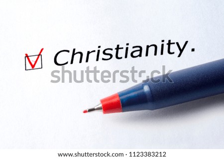 The word Christianity is printed on a white background. Check mark in red, marked in the square.