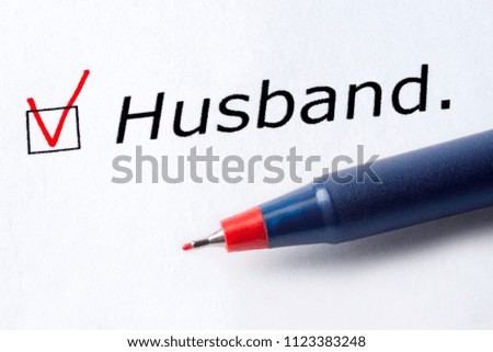 The word husband is printed on a white background. Check mark in red, marked in the square.