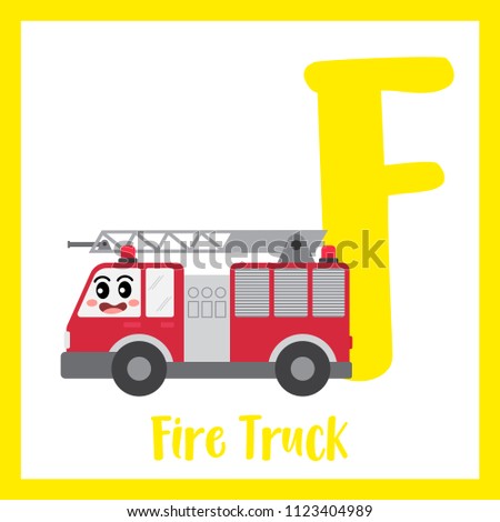 Letter F cute children colorful transportations ABC alphabet flashcard of Fire Truck for kids learning English vocabulary Vector Illustration.