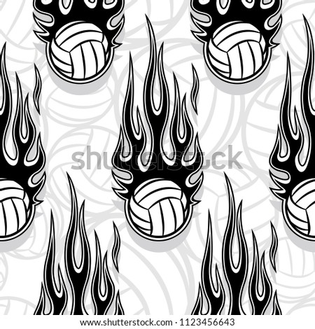 Printable seamless pattern with volleyball ball and hotrod flame. Vector illustration. Ideal for wallpaper, packaging, fabric, textile, wrapping paper design and any decoration.
