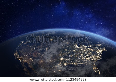 USA and North America from space at night with city lights showing human activity in United States, Canada and Mexico, New York, California, 3d rendering of planet Earth, elements from NASA Royalty-Free Stock Photo #1123484339