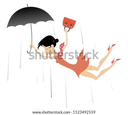 Strong wind and woman isolated illustration. Woman taken up with the wind tries to keep an umbrella and handbag isolated on white illustration vector 
