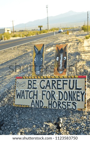 Be Careful of Donkey and Horses in Road sign Pahrump, Nevada, USA