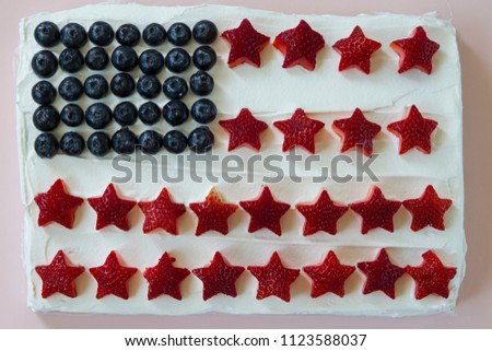 Happy 4th of July conceptual image with homemade cake that looks like American flag.