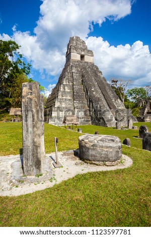 Temple I, El Gran Jaguar one of the mayor structures at Tikal, Guatemala. This structure is a funerary temple located on the Great Plaza. Royalty-Free Stock Photo #1123597781