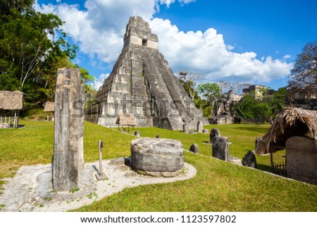 Temple I, El Gran Jaguar one of the mayor structures at Tikal, Guatemala. This structure is a funerary temple located on the Great Plaza.  Royalty-Free Stock Photo #1123597802
