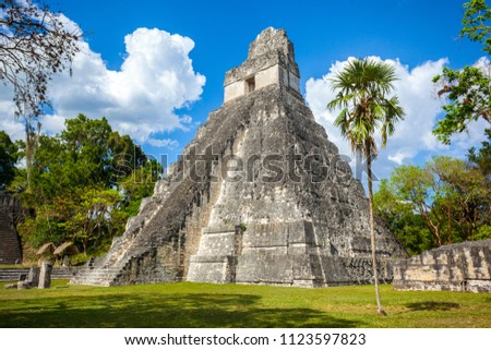 Temple I, El Gran Jaguar one of the mayor structures at Tikal, Guatemala. This structure is a funerary temple located on the Great Plaza. Royalty-Free Stock Photo #1123597823