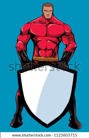Powerful superhero holding big shield with copy space.